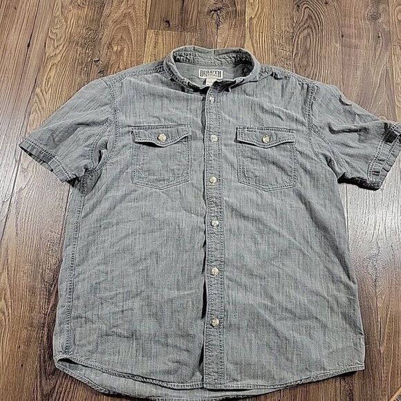 Duluth Trading Co Shirt Mens Large Gray Button Up Short Sleeve Cotton Camp - Picture 1 of 7
